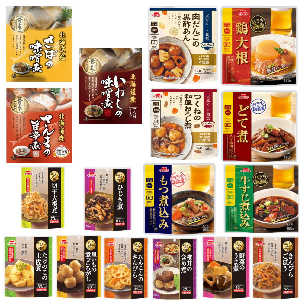 リニューアルパウチおかず いちびき食品 北海道根室の海の幸 兼由 レトルト 惣菜 牛すじ 鶏大根 つくね もつ煮込み お魚 詰め合わせ15種セット (常温長期保存可能) おかん食堂