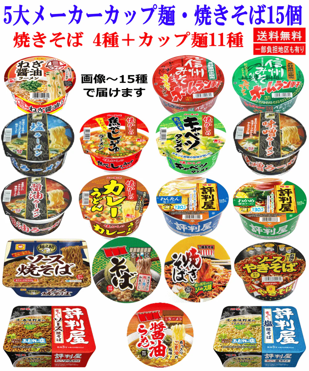 【カップ麺 焼きそば11+4】腹ペコ君に朗報！麺だらけ15個！焼きそばもカップ麺も！飽きない15種食べ比べセット 関東圏送料無料