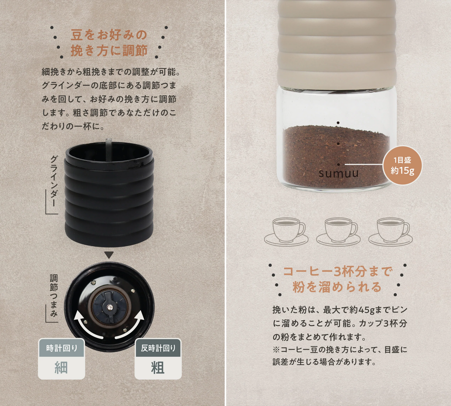 マクロス MCK-140GG 電動コーヒーミル ラミル sumuu 充電用USBコード付属 グレージュ