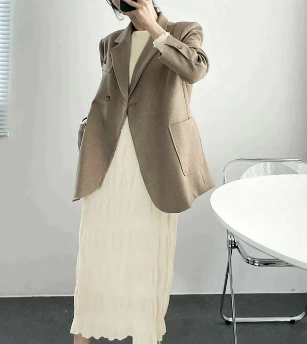 シャーリングシフォンワンピース（アイボリー/長袖/Mサイズ）