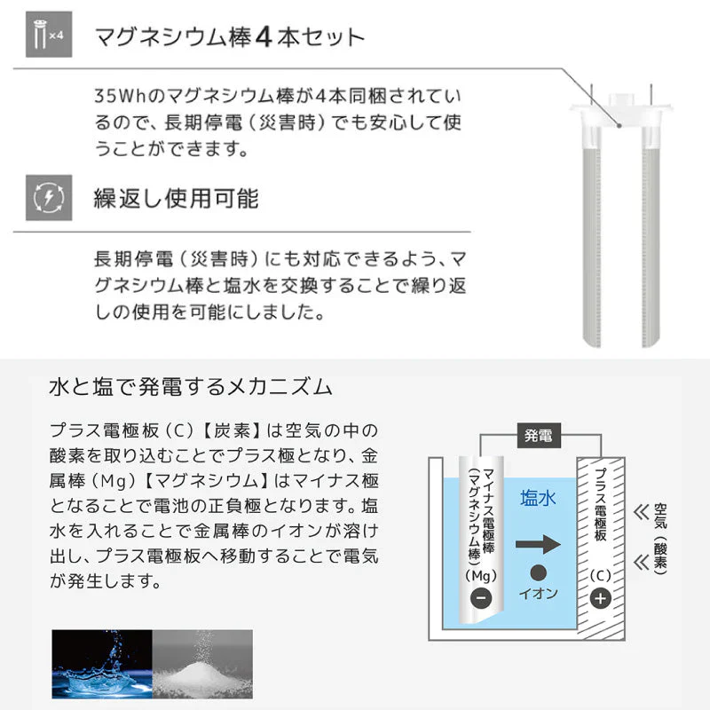 マグネ充電器 SH-GDMC-MB 10年以上長期保存可能 水と塩で発電 防災グッズ 防災 発電 ランタン LED懐中電灯 USB端子 繰り返し使える 災害 非常時 1台3役 防水 プレゼント