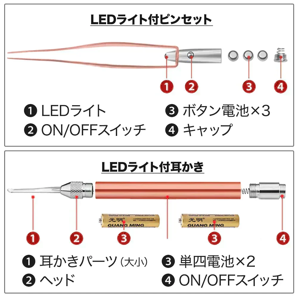 LEDライト付きピンセット耳かき 耳掃除 子供用 みみかき ライト Plaisiureux