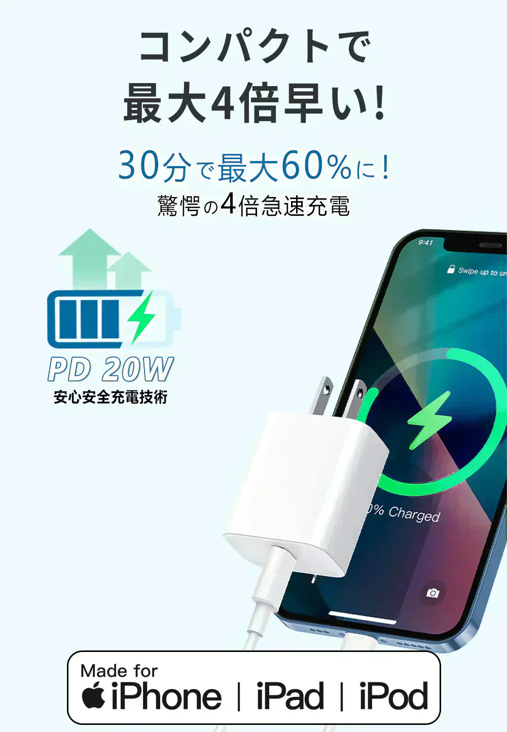 【店長大暴走！爆安秒殺セール！】★30分で60％まで充電★温度管理機能付き iPhone 充電器 ACアダプター Type-C 充電器 typeC-typeCのケーブル付き 純正 タイプc コンセント pd 充電器 20w PSE認証 急速充電 usb-c アダプター Android充電器