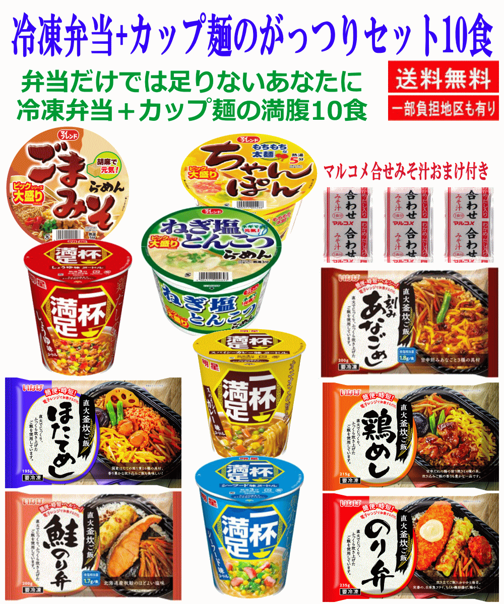 【広ちゃん食堂】弁当だけでは足りない！がっつり派の満足10食セット 弁当＋麺(レギュラーとビッグサイズ) マルコメ合わせみそ汁おまけ付き 関東圏送料無料