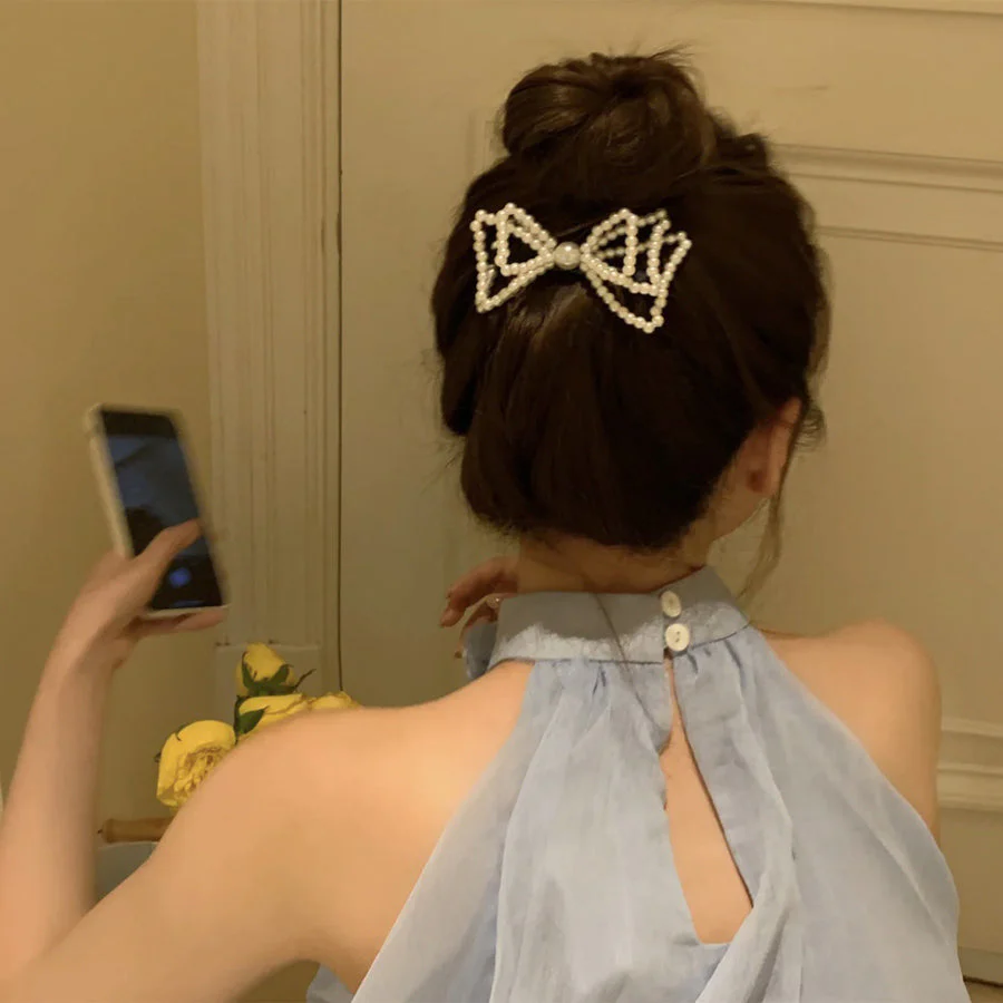 (Aゴム)ヘアピン ヘアゴム 結び  リボン パールビーズヘアピン パッチン留め かわいい ヘアアクセサリー ホワイト 子ども おしゃれ