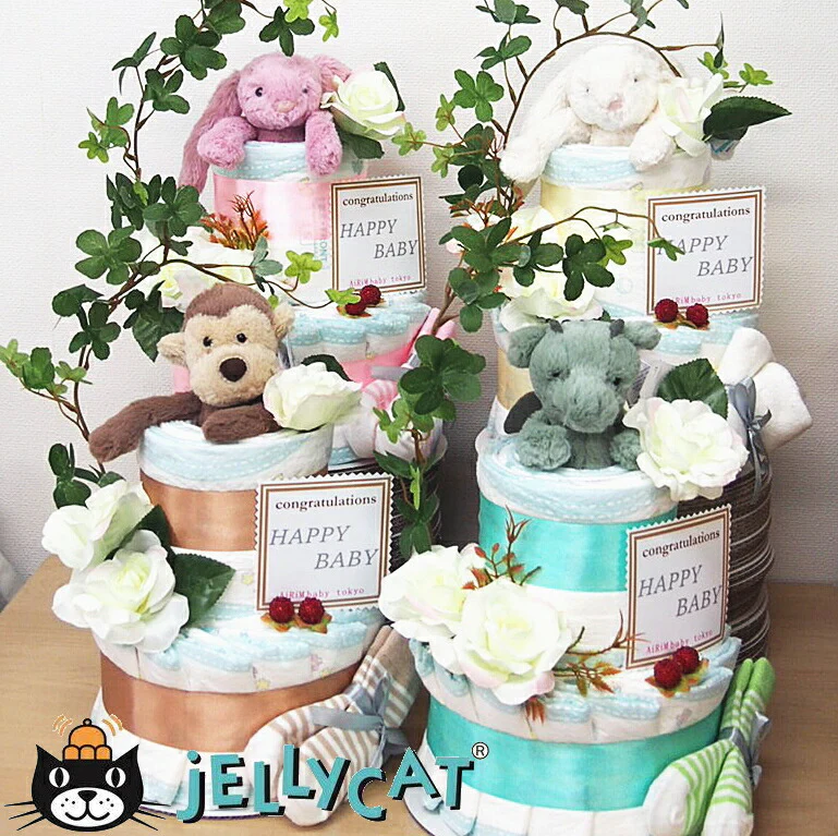 ジェリーキャット２段おむつケーキ【Ｓサイズ/ピンク】可愛いぬいぐるみで大変喜ばれております！出産祝い/JJELLY CAT