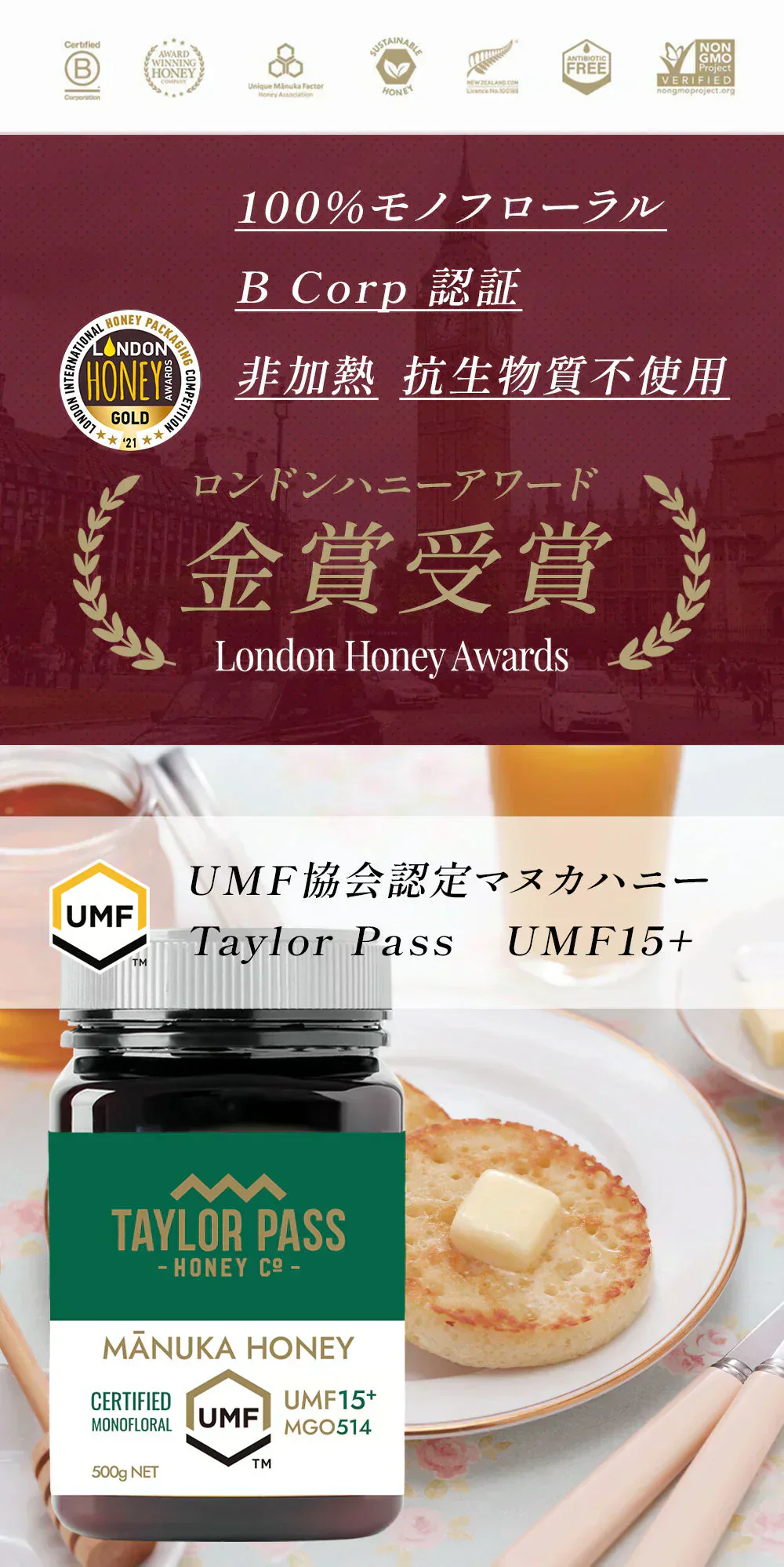 マヌカハニー UMF15+ [500g] MGO512～825 UMF協会認定【Taylor Pass ＆ マリリニュージーランド マヌカハニー】 生 はちみつ 非加熱 無添加 蜂蜜 モノフローラル 【送料無料】