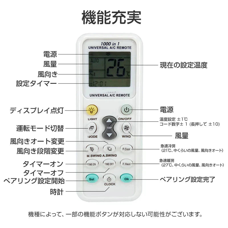 エアコン 汎用リモコン 三菱 ダイキン Panasonic SHARP CORONA 全メーカー 対応 互換 代用品 互換 予備リモコン スペアリモコン 買い替え リモコン増設