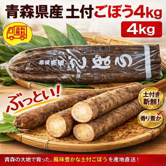 青森県産　車力　土付　ごぼう　2L～３L　4ｋｇ　　送料無料！