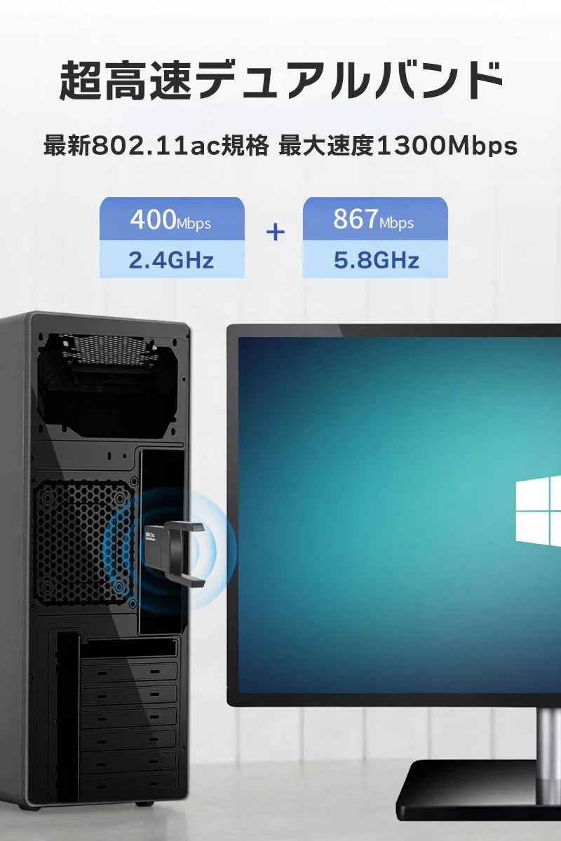 WiFi 無線LAN 子機 USB3.0 WIFIアダプター 1300Mbps 5dBi 2.4Ghz/5Ghz デュアルバンド 無線lanアダプタ 802.11AC 高速通信 Windows11/10/8.1/8/7/XP/Vista/Mac OS対応 PC/Desktop/Laptop 日本語説明書