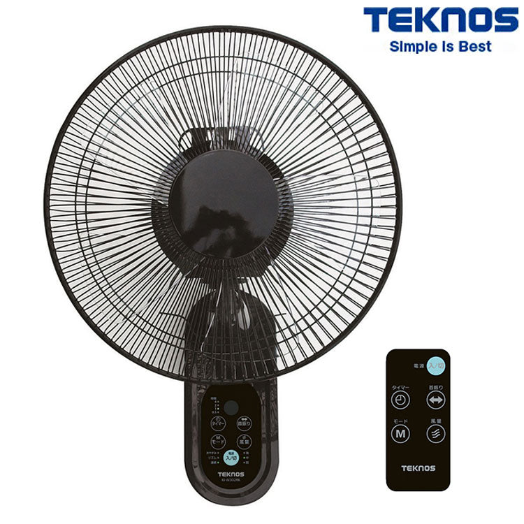 TEKNOS テクノス 壁掛け扇 フルリモコン ブラック リモコン付き 30cm 6枚羽根 フラットガード 首振り 風量3段階 切タイマー付き 静音 サーキュレーター 扇風機 おしゃれ 脱衣所 換気 KI-W304RK