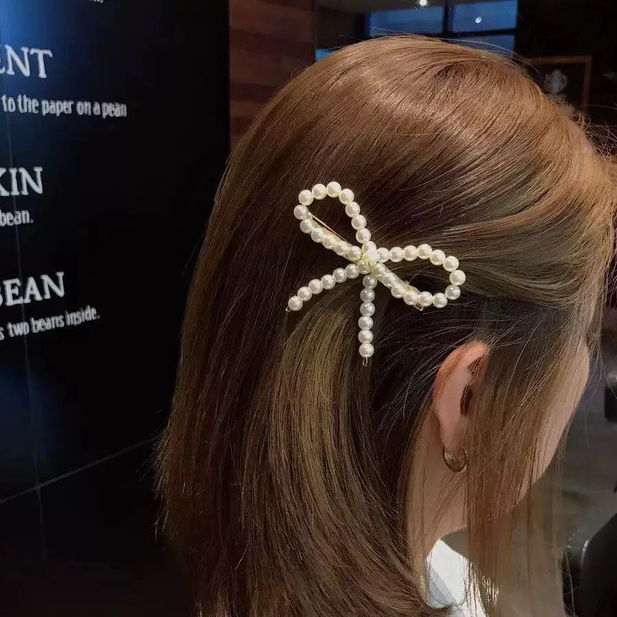 (ホワイト)ヘアピン リボン パールビーズヘアピン パッチン留め かわいい ヘアアクセサリー パールホワイト 子ども おしゃれ
