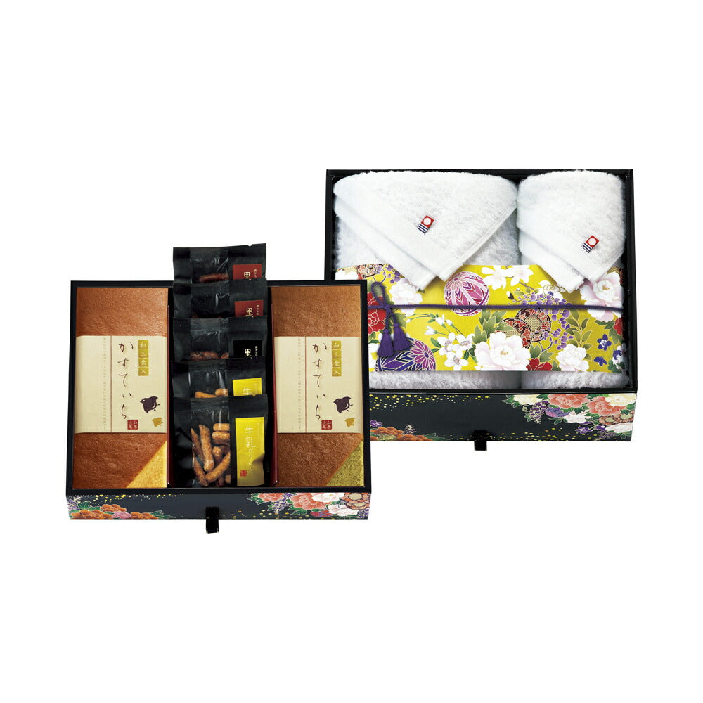 匠菴謹製 ミニたんす御進物 「ほまれ」かすてぃら&今治産たおる カステラ かりんとうフェイスタオル セット 442-030J【お届け不可地域：北海道・沖縄・離島】
