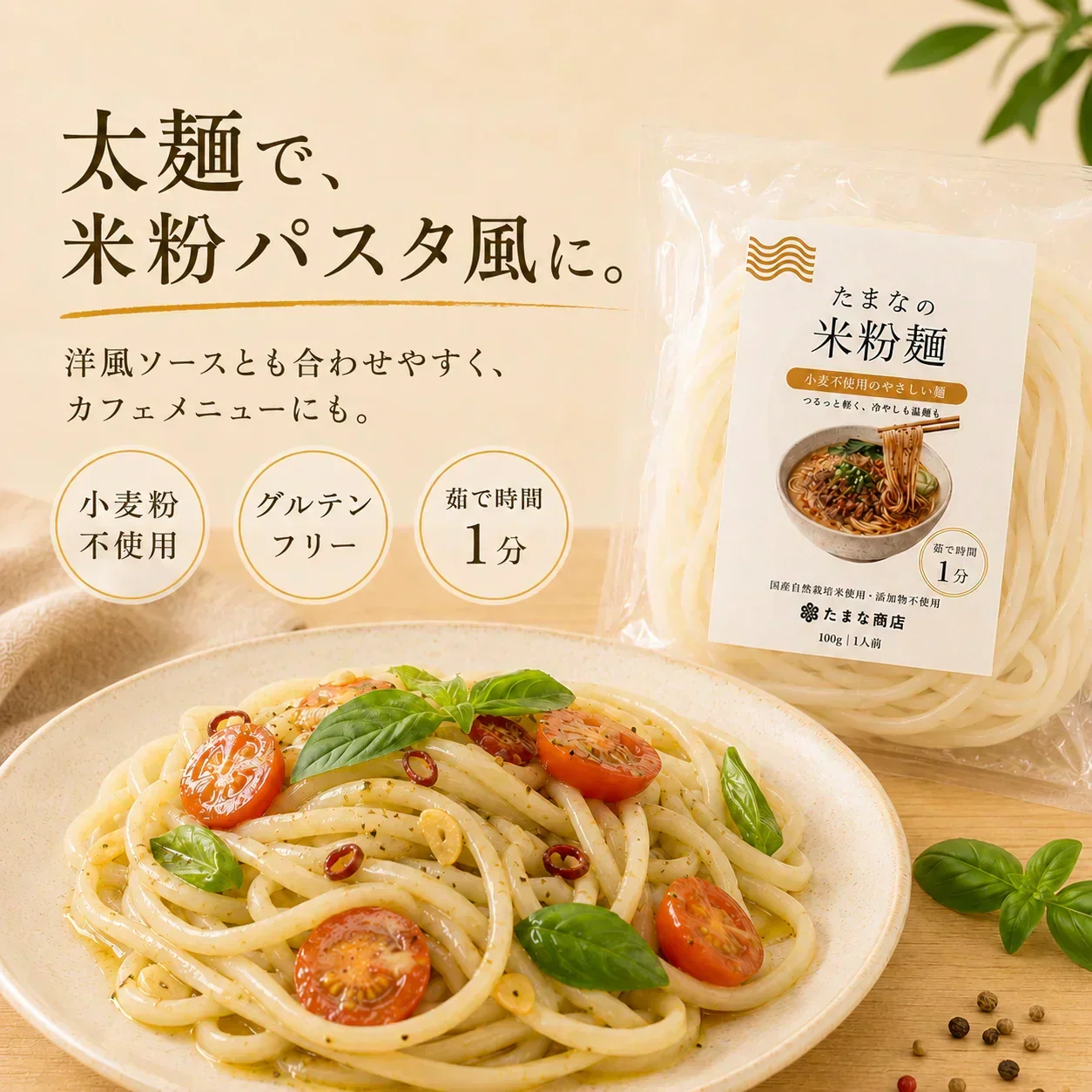 【平麺・3食セット】小麦不使用・もちもち玄米麺（平麺）（自然栽培／グルテンフリー／化学添加物不使用）