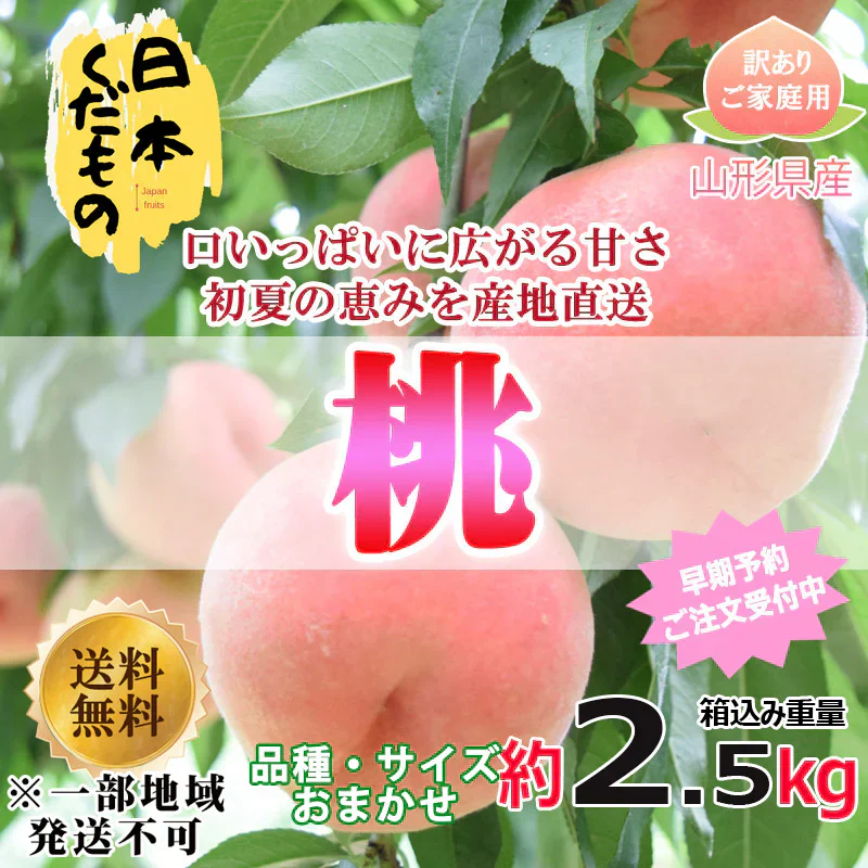 桃 2.5kg 2480円 山形県産 品種おまかせ 訳あり 家庭用  商品説明必読 ※配送地域限定※