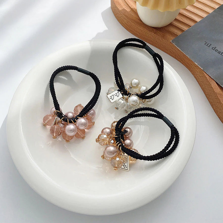 (ベージュ)ヘアゴム キラキラ パール おしゃれ ヘアアクセサリー リボン結び シンプル 髪留め