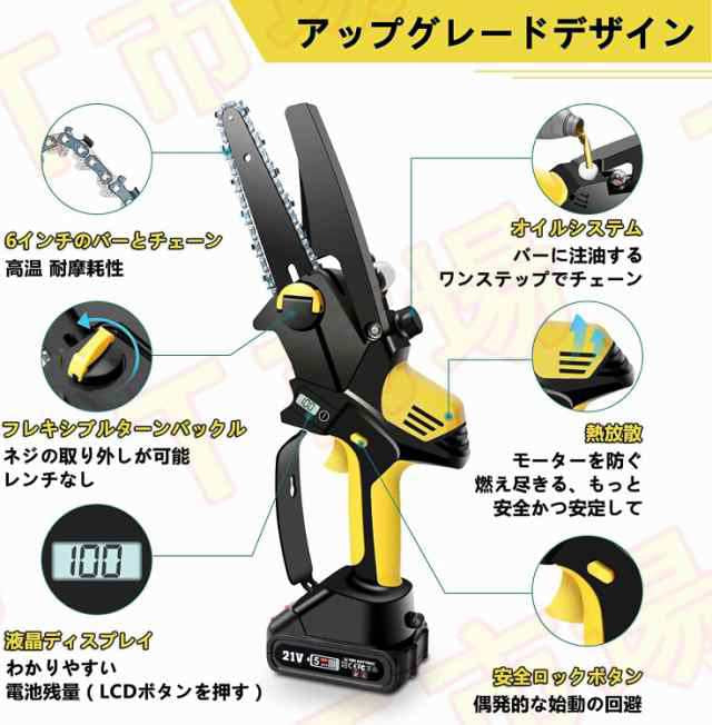 即納 チェンーソー充電式 電動チェーンソー本体 バッテリー残量表示 自動給油 6インチ 有効切り長さ160mm 21V  w588B(バッテリー2個+充電池1個)