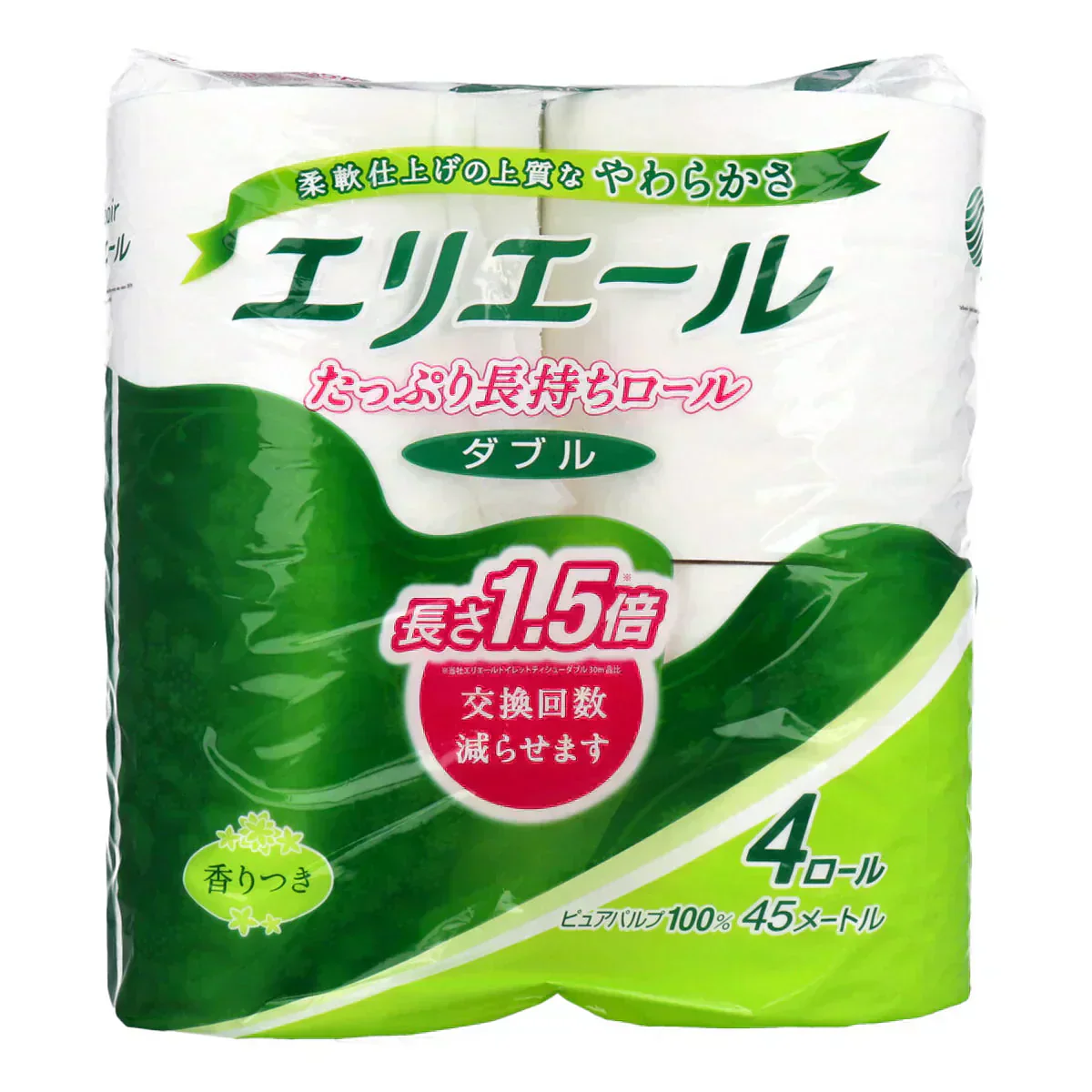 大王製紙 エリエール トイレットペーパー たっぷり長持ちロール コンパクト ミシン目入り パルプ100% ダブル45m 香り付き 4ロール入り X16パック