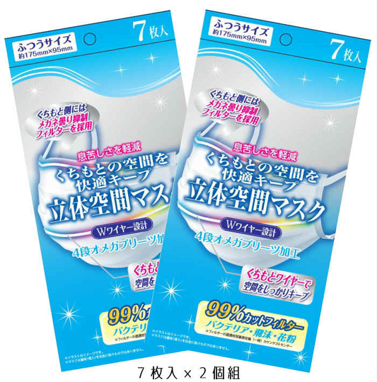 立体空間マスク ふつうサイズ 7枚入×2個組花粉 飛沫 風邪 ほこり 対策 使い捨て 高密度フィルター Ｗワイヤー ますく