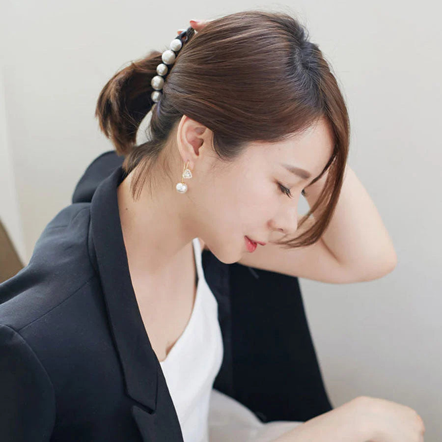 (ブラック)バナナクリップ ヘアクリップ 大きめ パール ヘアアクセサリー 髪留め 結婚式 パーティ シンプル 大人かわいい