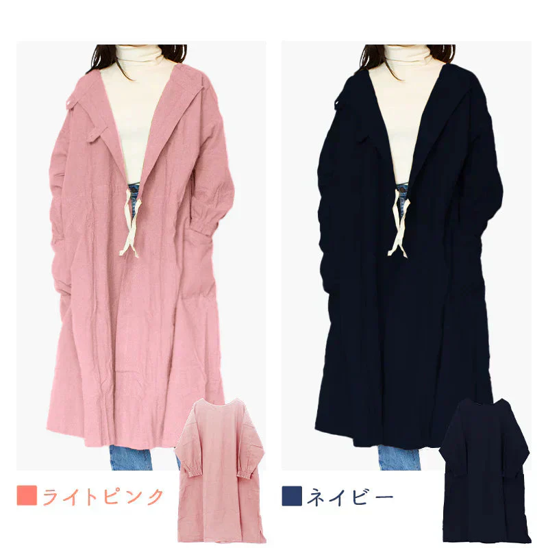 【ブルー】割烹着 2way エプロン あったか 暖かい 無地 可愛い おしゃれ ロング丈 前開き かっぽう着 ガウン 大きいサイズ 羽織り 長袖 大人 保育士 コットン 綿100%