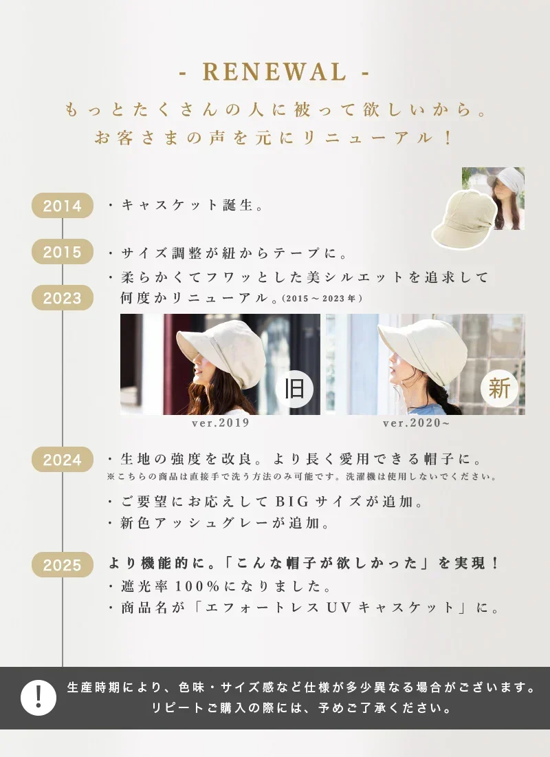 【BIGサイズ-ベージュ】【商品名：エフォートレスUVキャスケット】