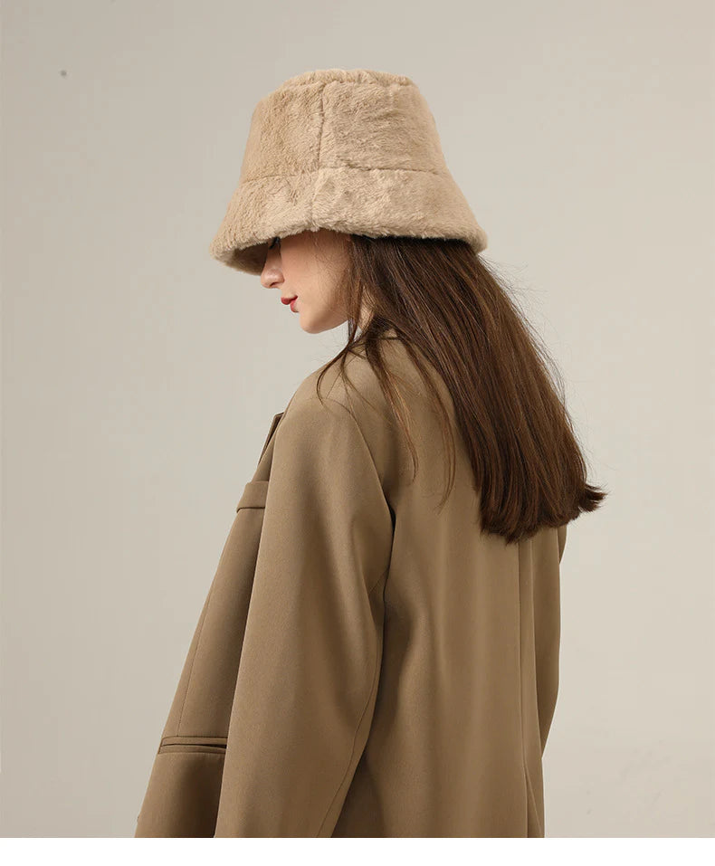 (ブラウン) 帽子 レディース ファー 秋 冬 深め バケットハット ハット 折たたみ もこもこ 暖かい 厚手 ファーハット 2024 サイズ調整 無地 女性