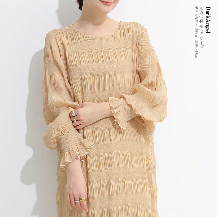 シャーリングシフォンワンピース（モカ/長袖/Lサイズ）