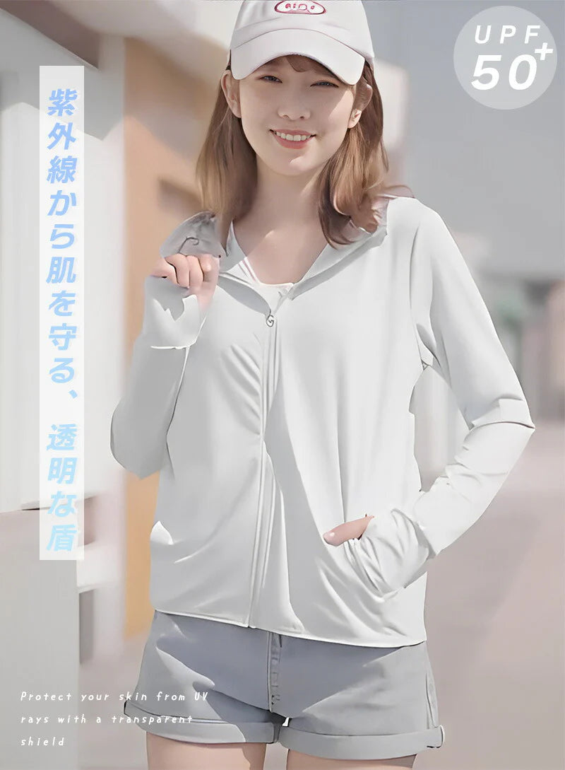 接触冷感（ブルー、Mサイズ） ラッシュガード レディース ジップアップ 日焼け止め コート 女 日よけパーカー uv日焼け止め服 フェイスカバー レディース サンバイザー UVカットパーカー ペアルック UPF50+ 指穴付き カジュアル 紫外線対策 UVカット 冷房対策 長袖 フード付き