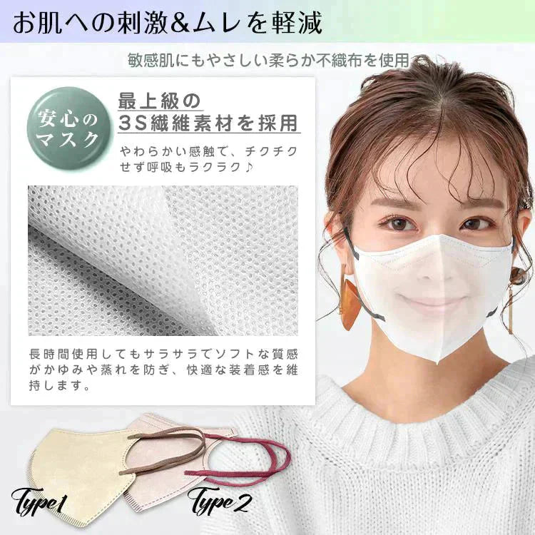 「Type1・Mサイズ・ホワイト」 マスク 3D立体構造 3層 不織布 30枚入り ビューティ小顔 カラー 血色マスク 男女用 ファッション 耳が痛くない 蒸れない