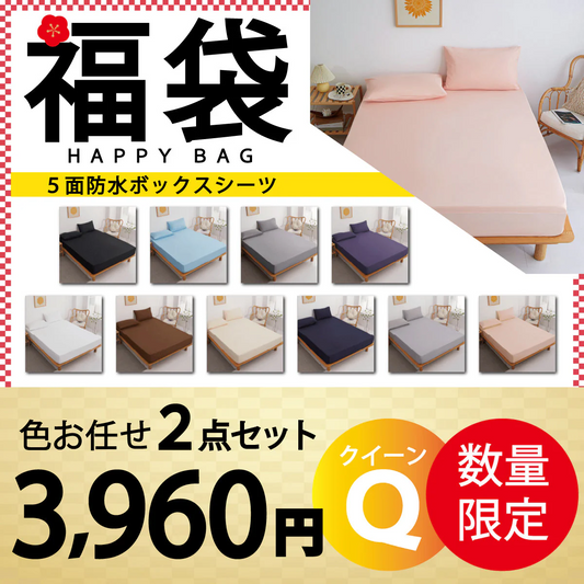 【五面防水ボックスシーツ 福袋　色お任せ/2点セット/160×200cm】ボックスシーツ 五面防水　シングル セミダブル ダブル クイーン 防水シーツ シングル ダブル セミダブル クイーン シーツ 介護シーツ マットレスカバー 撥水 抗菌 速乾 通気性 高級感 安眠 快眠 北欧風 無地 かわいい おしゃれ 快適 寝具 ゴム付き 春用 夏用 秋用 冬用