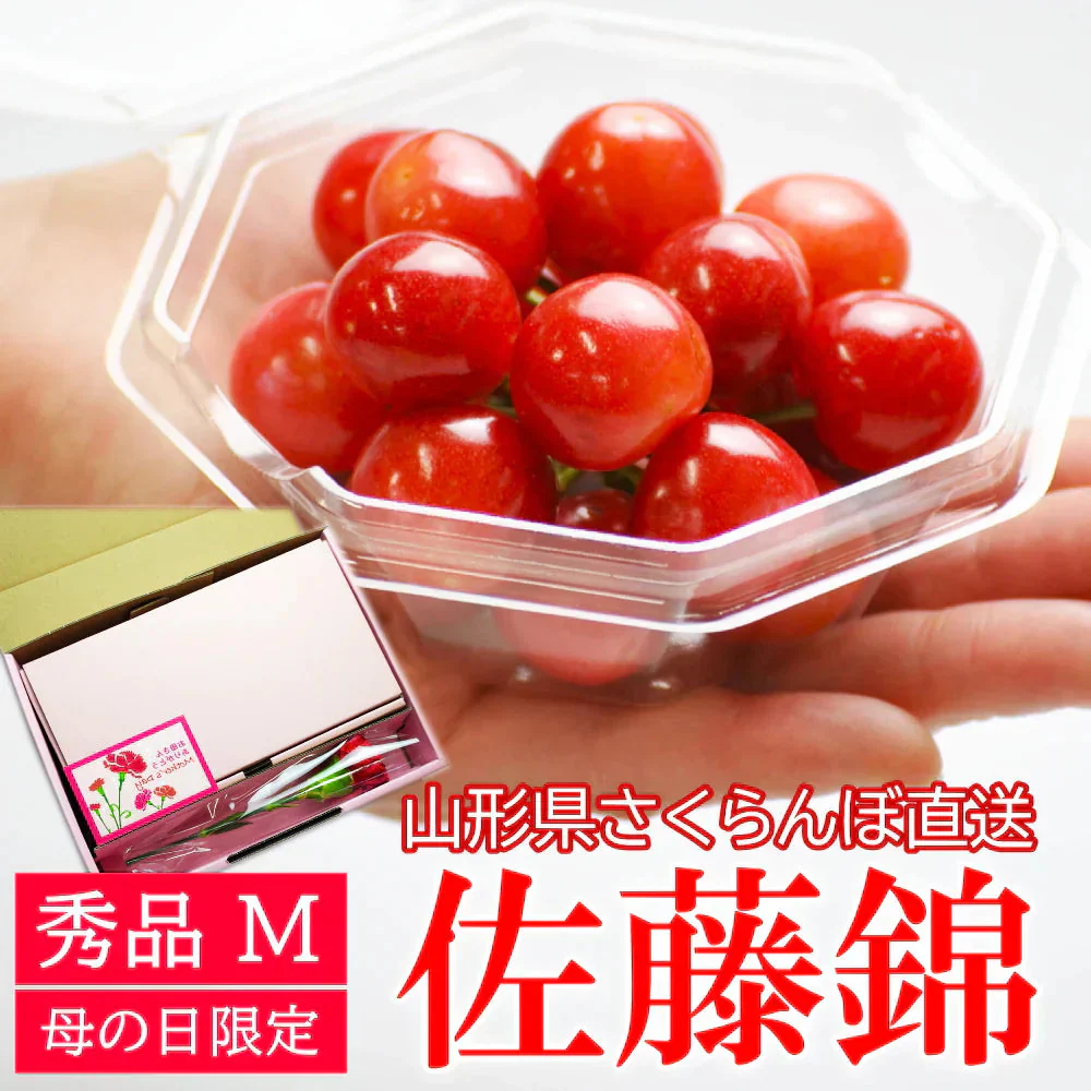 【遅れてゴメン母の日ギフト順次発送】さくらんぼ佐藤錦Ｍ玉ダイヤパック詰め100g2個詰めカーネーション1本と母の日カード付き山形県より直送