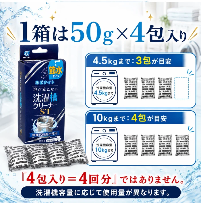 【今売れてます！泡なしでも、汚れごっそり】洗濯槽クリーナー 洗濯槽 掃除 強力 ドラム式 縦型 洗濯槽 掃除 50g×4包 カビナイト 泡が立たない洗濯槽クリーナー ST