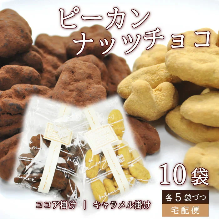 【販売終了】ピーカンナッツチョコ　10袋セット（ココア5袋＆キャラメル5袋）チョコレート ギフト 贈答 ナッツチョコ プチギフト なっつ 手土産 お返し ギフト  お菓子