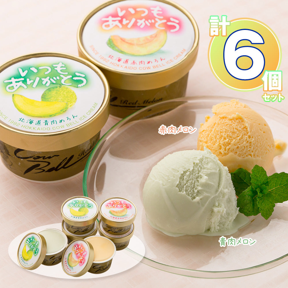 いつもありがとうラベル 北海道メロンアイスクリームセット 計6個【送料込み】【二重包装不可】【お届け不可地域：沖縄・離島】
