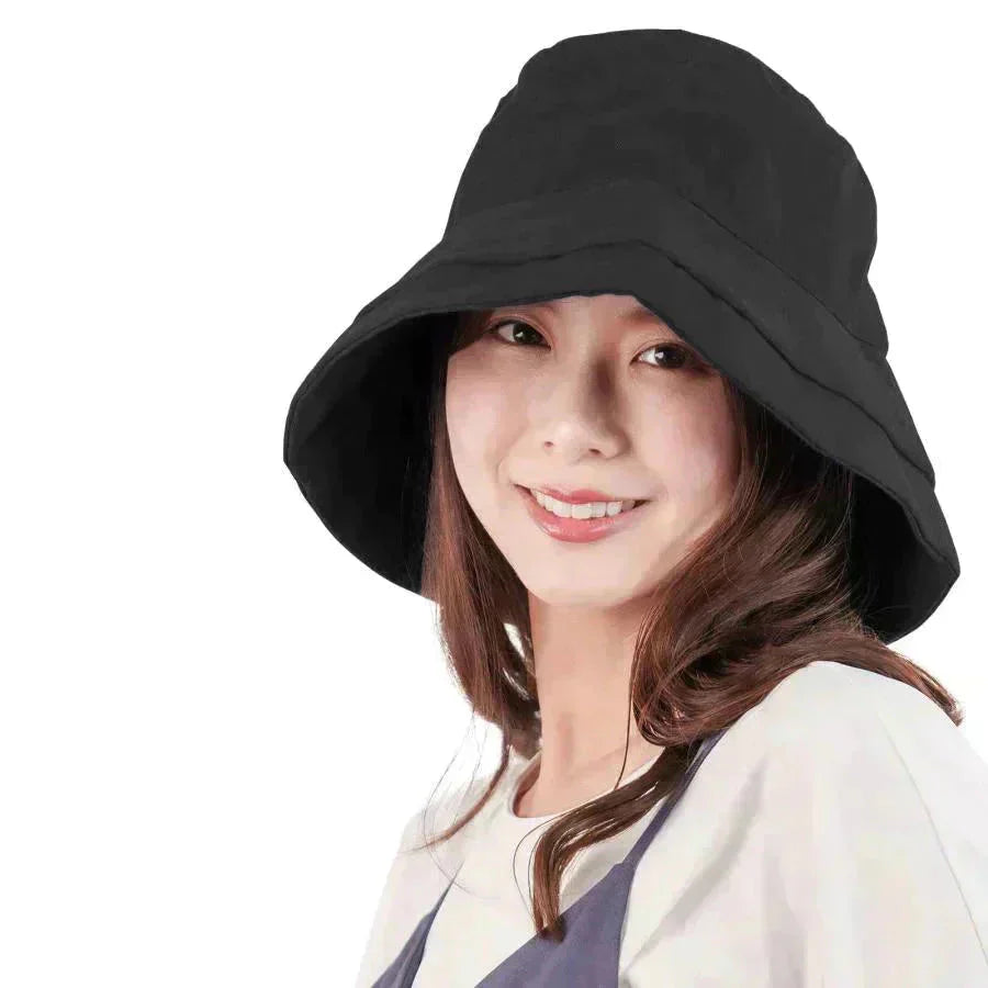 涼感ハットUV 「つば長タイプ ブラック」 レディース 大きいサイズ 遮光100％ 接触冷感 UVカット 折りたたみ 日よけ あご紐 小顔効果 大きめ
