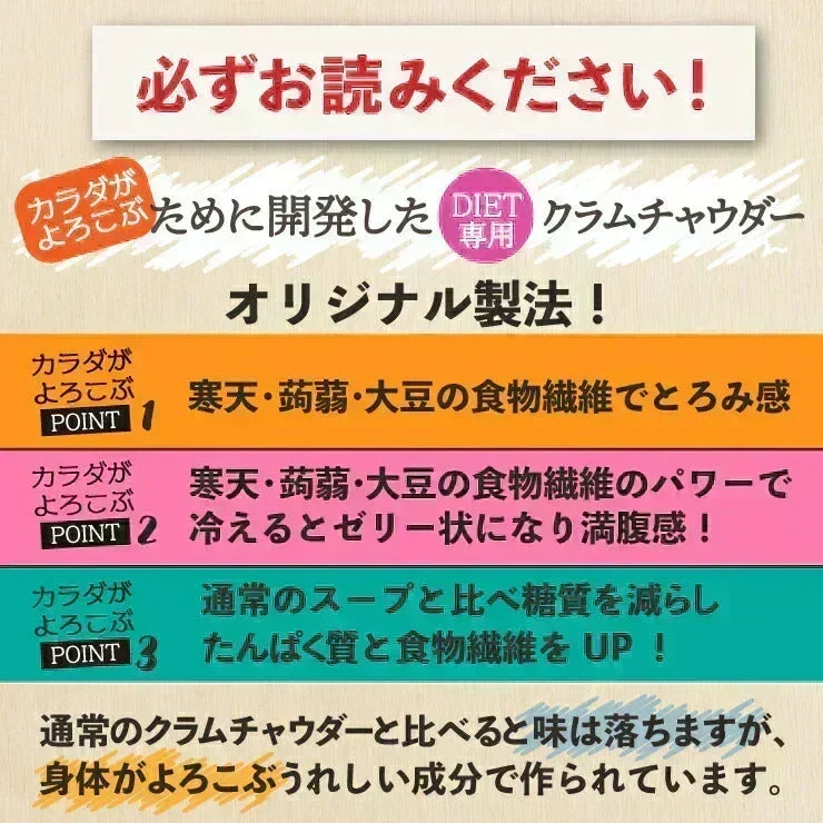 ❤️女王様のDIETクラムチャウダー12食入り！腹持ちを考えた冷えると固まるスープ！夜食にあると安心♪豆乳仕立て ！ぷるるん姫