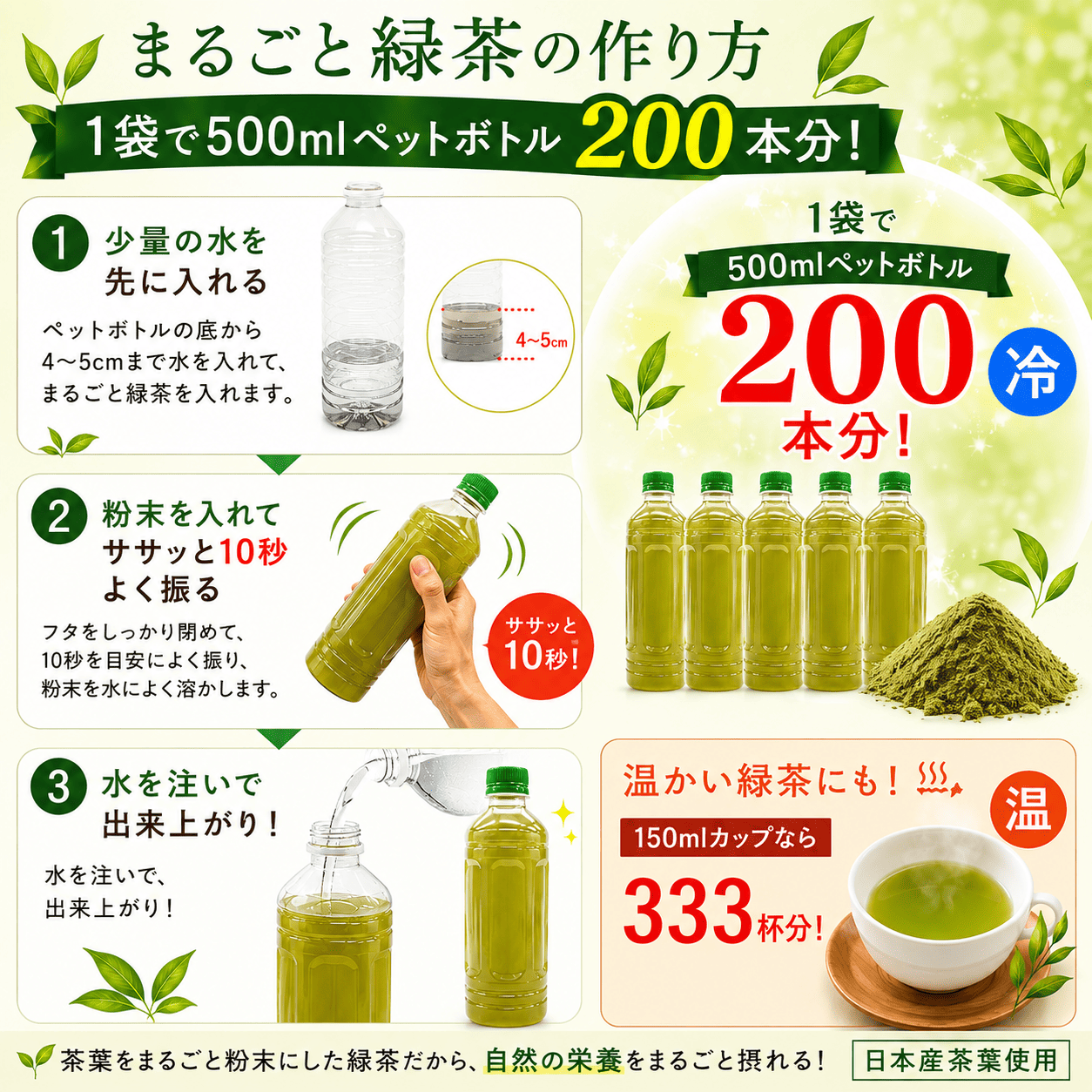 【１袋】まるごと緑茶　ペットボトル200本分！温かい緑茶なら333杯分♪ペットボトルに、マグボトルに！水筒に！☆カテキン・ビタミン・ミネラルまるごと封印！