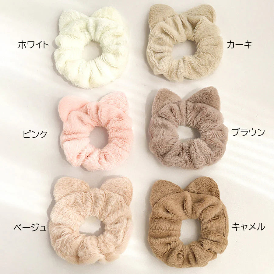 (ベージュ)ヘアゴム シュシュ フワフワ 猫耳 フェイクファー ネコ耳 ふわふわ ヘアアクセサリー 髪飾り こども ホワイト おしゃれ