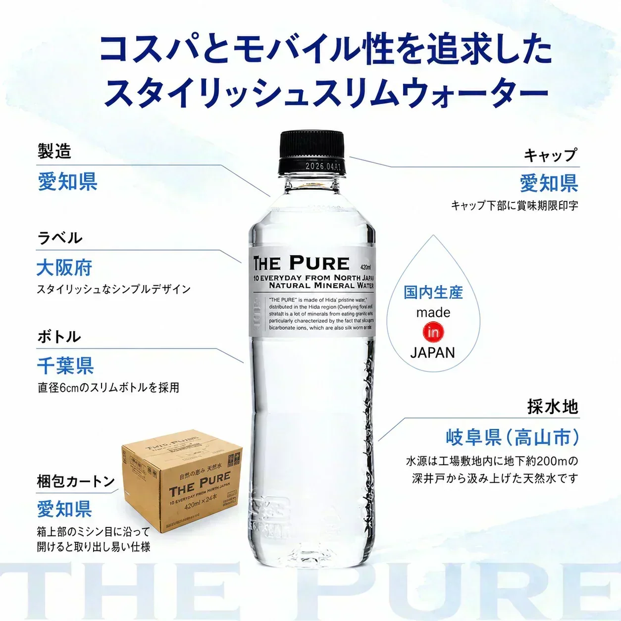 国産 天然水【ラベルレス】【1ケース】THE PURE ザ ピュア 北アルプスの天然水 420ml 42本 天然水 水 ナチュラルミネラルウォーター 北アルプスの天然水 炭酸水素イオン アルプス 飛騨 高山 軟水 岐阜県 日本製 国産 ローリングストック 備蓄  pure