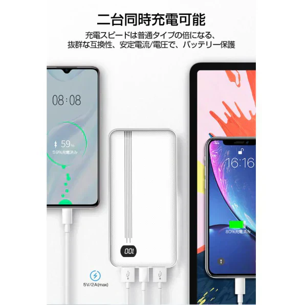「在庫処分商品」「ホワイト」モバイルバッテリー 20000mAh 10W 2台同時充電 持ち運び充電器 ios/Android対応 USB-C スマホ充電器 携帯バッテリー 持ち運び便利 PSE認証済み