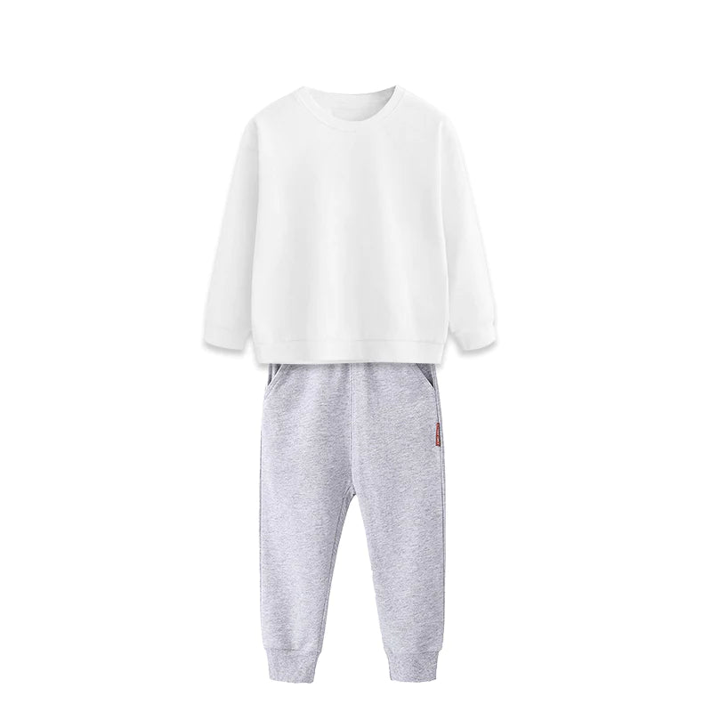 2点セット グレー 140cm トレーナー1枚 と ズボン1枚 体育 体操服 子供 キッズ 白Tシャツ長袖 黒 グレー パンツ 秋 春 冬 通気性 運動会 イベント 男女兼用 ポップダンス