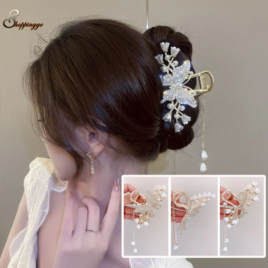 (A)ヘアクリップ  髪留め 髪飾り バレッタ フラワー 蝶ヘアアクセサリー オシャレ上品　パーティー飾り ゆらゆらチェーン付き