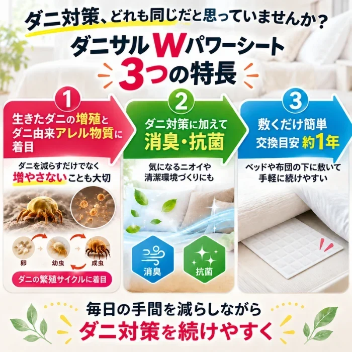ダニサル Wパワーシート ワイドサイズ 60×90cm 1枚入 ダニ対策シート 防ダニシート ダニシート 寝具 布団 ベッド マットレス ソファ 押し入れ 収納 ダニ取りシートとは異なる新発想 ダニの卵のことまで考えた 増殖抑制 ダニ由来アレル物質 無香性 日本製 交換目安約1年