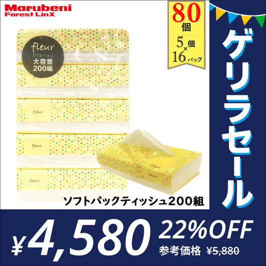 【ゲリラセール】【57.3円/パック】＼大容量ティッシュ／［400枚（200組）5個×16パック(80個)入り ］ティッシュペーパー ソフトパックティッシュ200W 黄色パッケージ フルールドゥ 送料無料