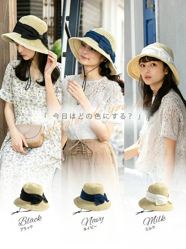 【フリー-ネイビー】【商品名：紐付き手編みストローHAT】