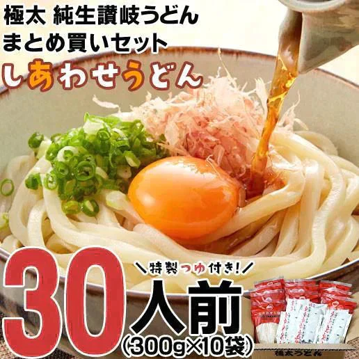 大容量 まとめ買い 3kg(300gx10袋）本場讃岐純生うどん 約30人前 製造直売 送料無料 特製つゆ付き しあわせ製麺 しあわせうどん