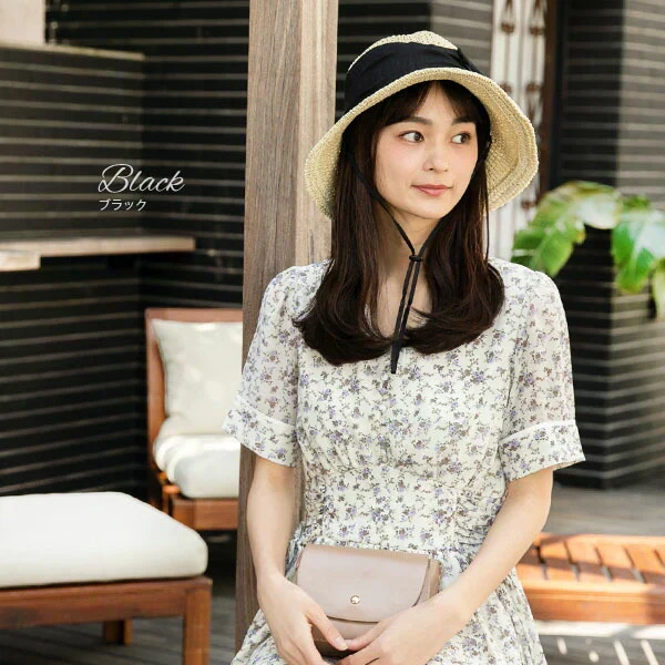 【フリー-ブラック】【商品名：紐付き手編みストローHAT】