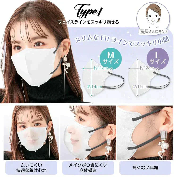 「Type1・Mサイズ・ホワイト」 マスク 3D立体構造 3層 不織布 30枚入り ビューティ小顔 カラー 血色マスク 男女用 ファッション 耳が痛くない 蒸れない