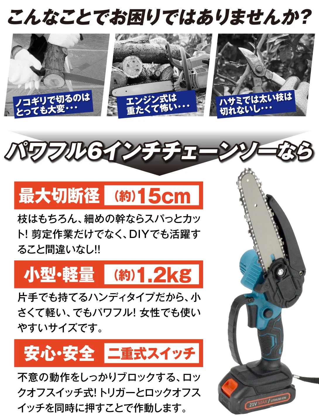 チェーンソー 充電式 バッテリー1個・充電器付 小型 6インチ マキタ バッテリー対応 電動ノコギリ ハンディチェーンソー 安全ロック 家庭用 強力 軽量 剪定 木工 片手 女性 国華園